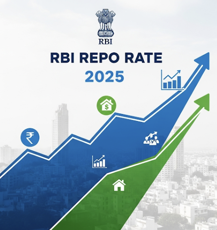 A stylized graphic representing the RBI repo rate in 2025, featuring a dynamic trend line against a backdrop of a financial cityscape. The image uses bold blue and green colors, subtly incorporates the RBI logo, and includes icons like the rupee symbol and a growth graph to illustrate economic implications.
